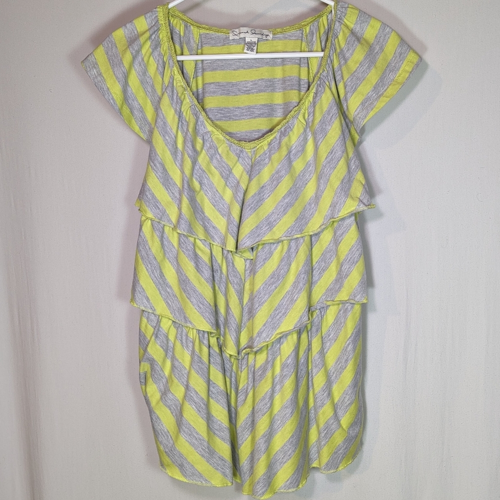French Laundry Neon Yellow Gray Striped Pullover Blouse Short Sleeve Top Shirt L